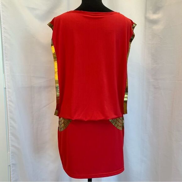 Bebe coral red gold sequin open sleeve V-neck mini dress Sz S - Picture 8 of 16